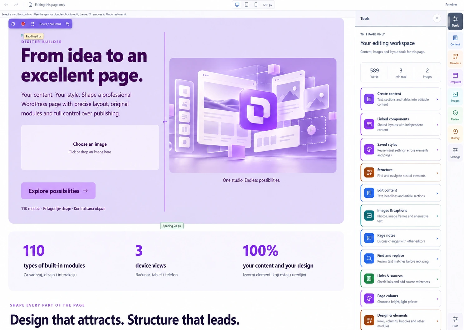 Digiter Builder — demo uređivanja kartice u lavanda tonu