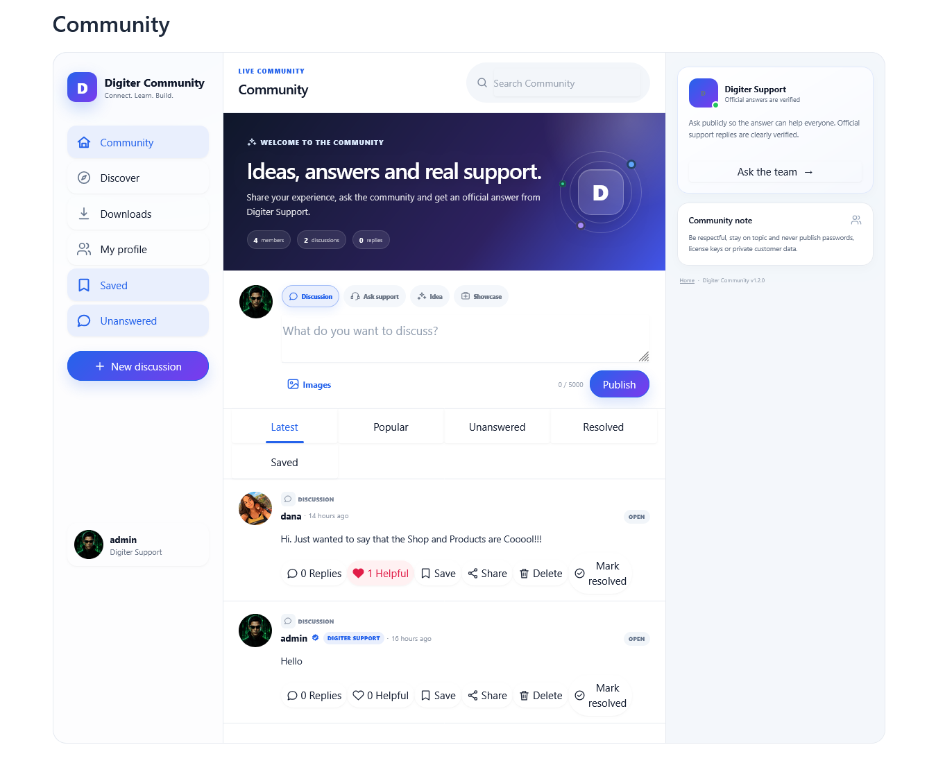 Digiter Community feed, discussions and verified support interface
